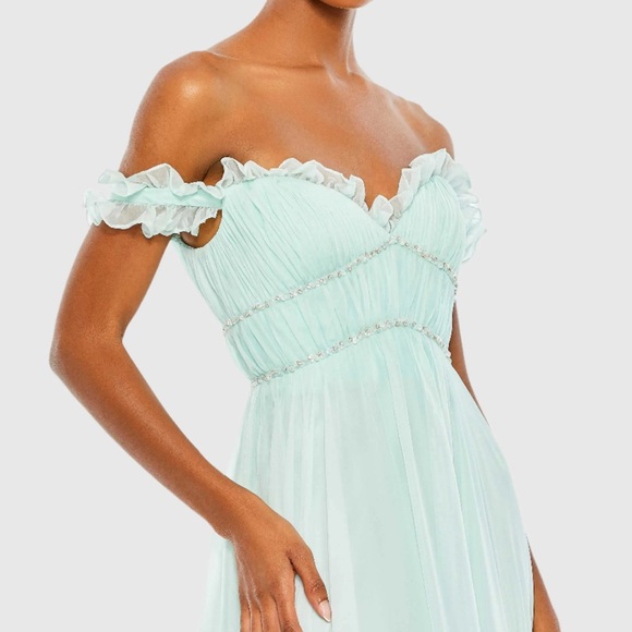 sachin and babi light blue dress Mac Duggal Asymmetrical Ruffled V-Neck Chiffon Dress